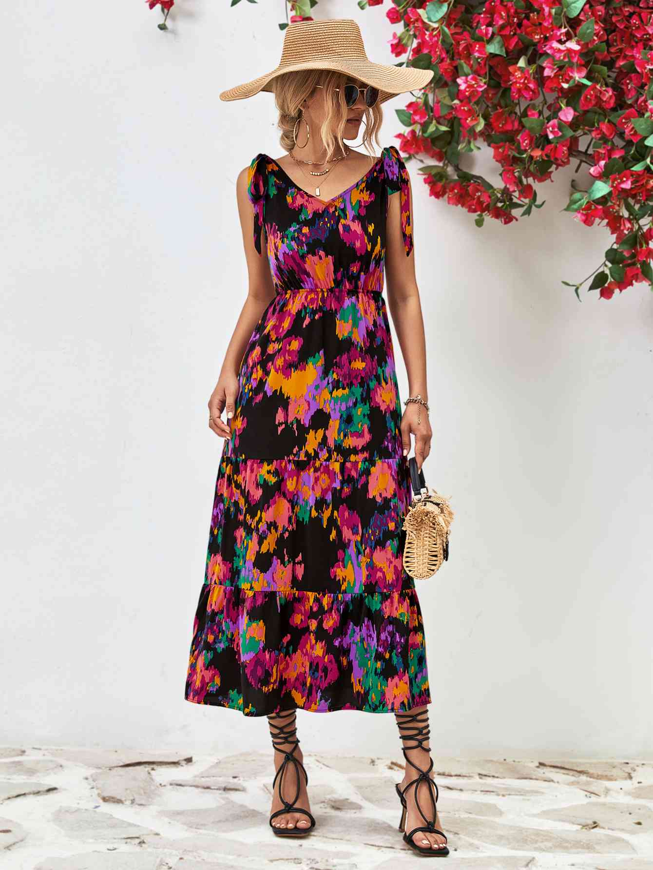 Robe midi multicolore dos nu à col en V