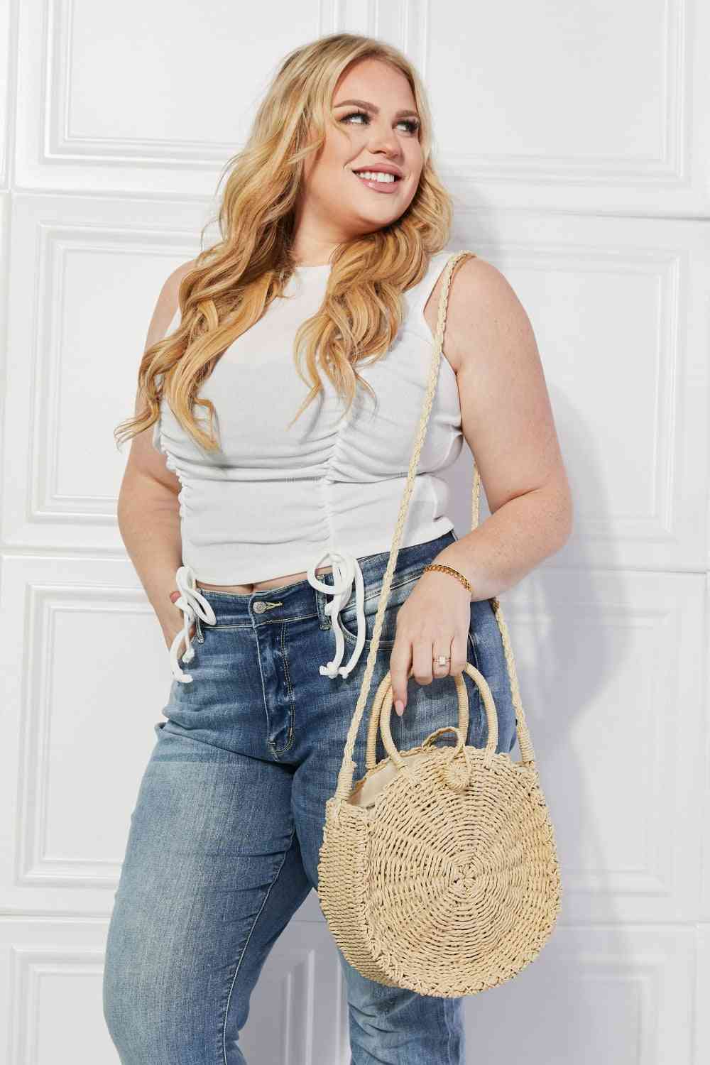 Justin Taylor Feeling Cute Rounded Rattan Handbag in Ivory