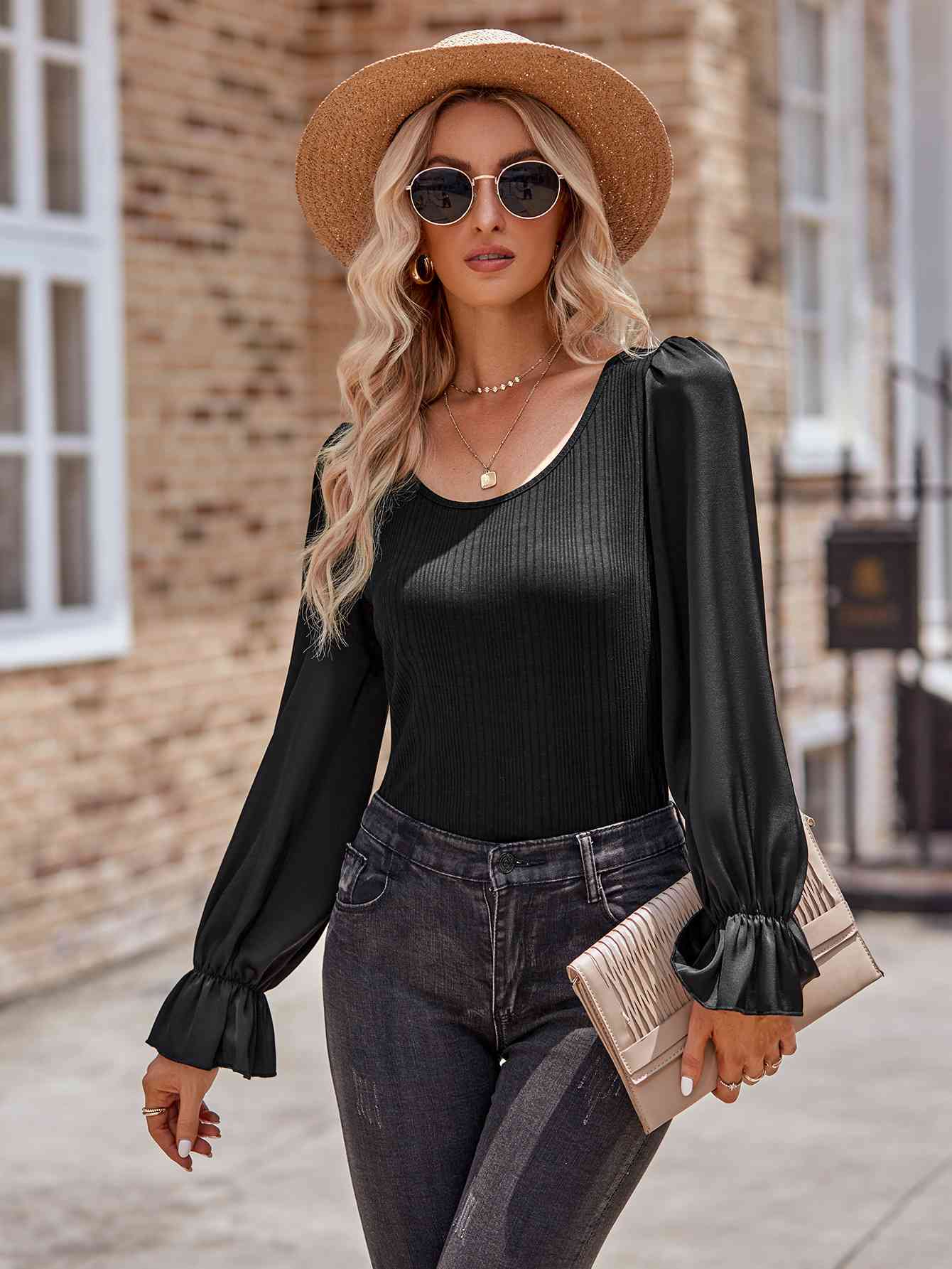 Long Flounce Sleeve Round Neck Blouse