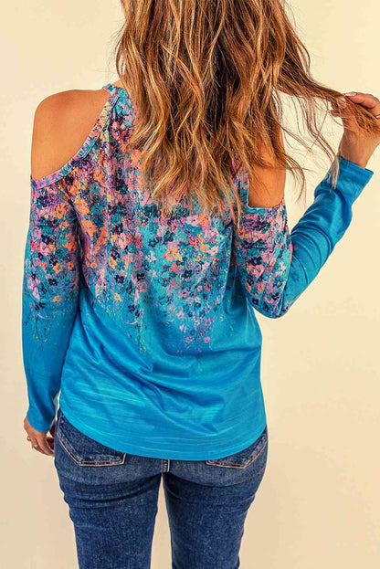 Top floral con cuello redondo y manga larga con hombros descubiertos