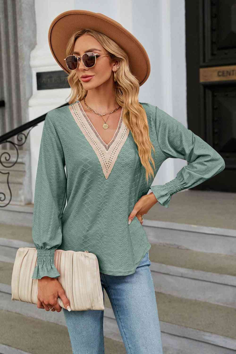 V-Neck Flounce Sleeve Blouse