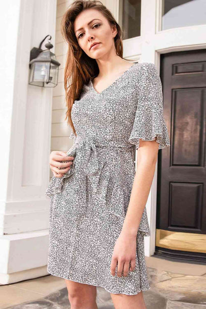 Leopard Tie-Waist Ruffled Short Flounce Sleeve Dress