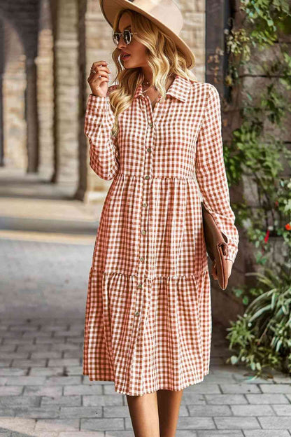 Collared Neck Long Sleeve Midi Dress