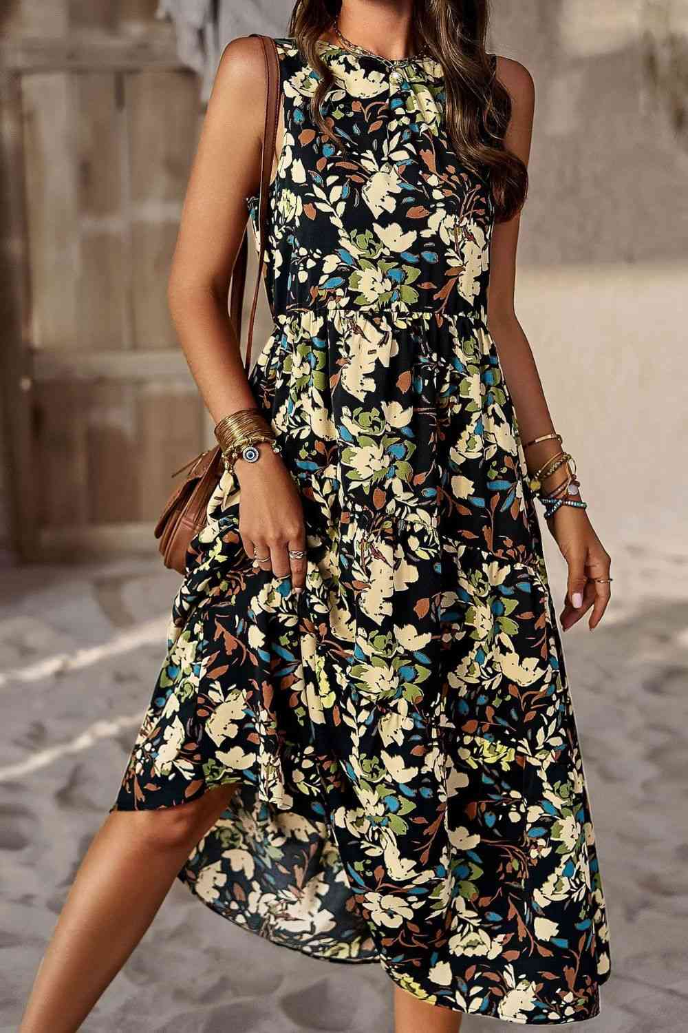 Vestido midi estampado sin mangas con bolsillo