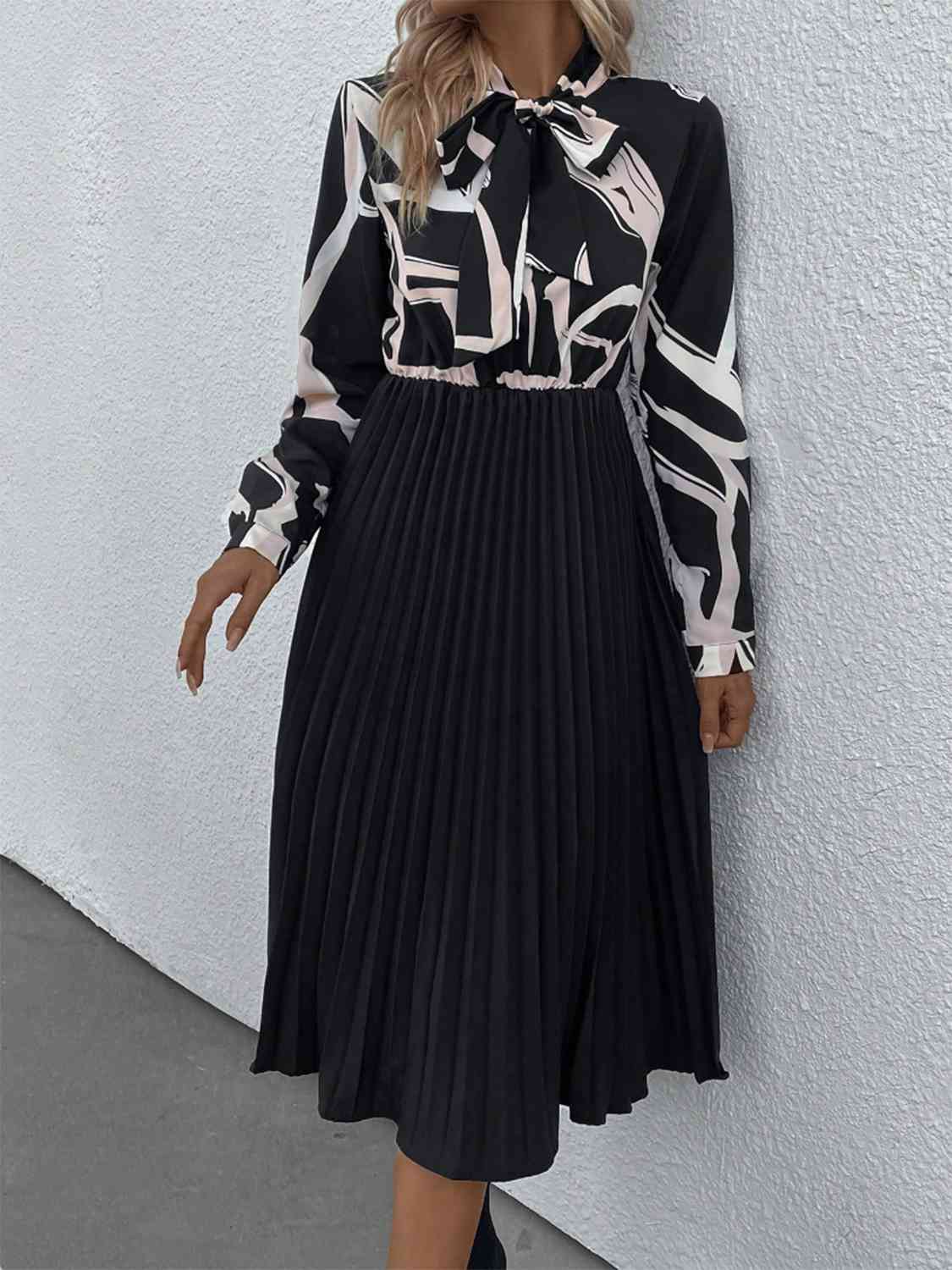 Tie Neck Long Sleeve Pleated Dress