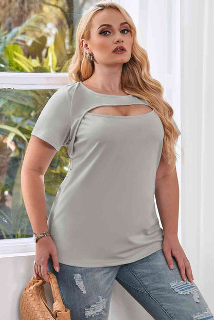 Plus Size Cutout Round Neck Short Sleeve Tee