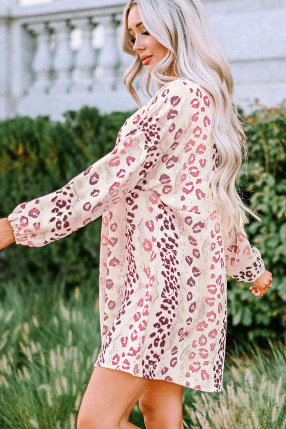 Leopard V-Neck Balloon Sleeve Babydoll Dress