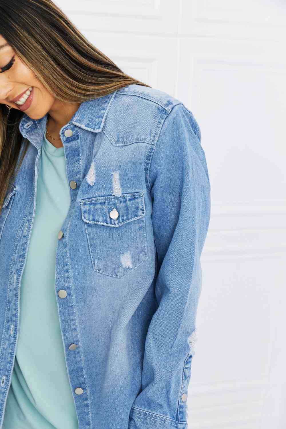 American Bazi Veste en jean à ourlet brut vieilli pleine taille