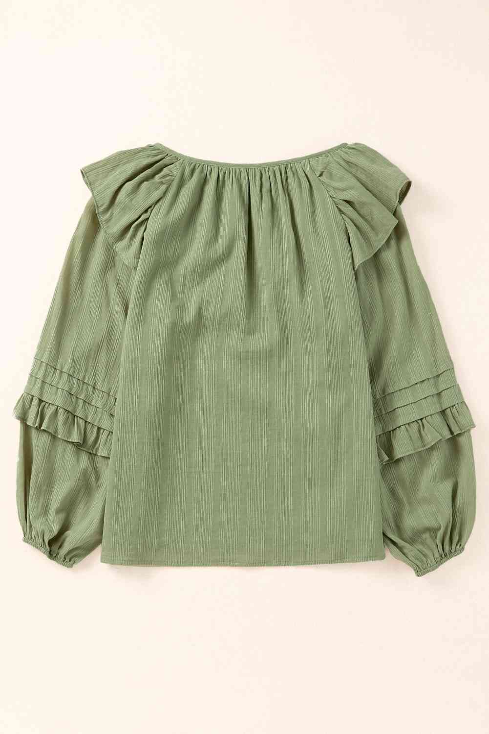 Ruffled Notched Neck Balloon Sleeve Blouse