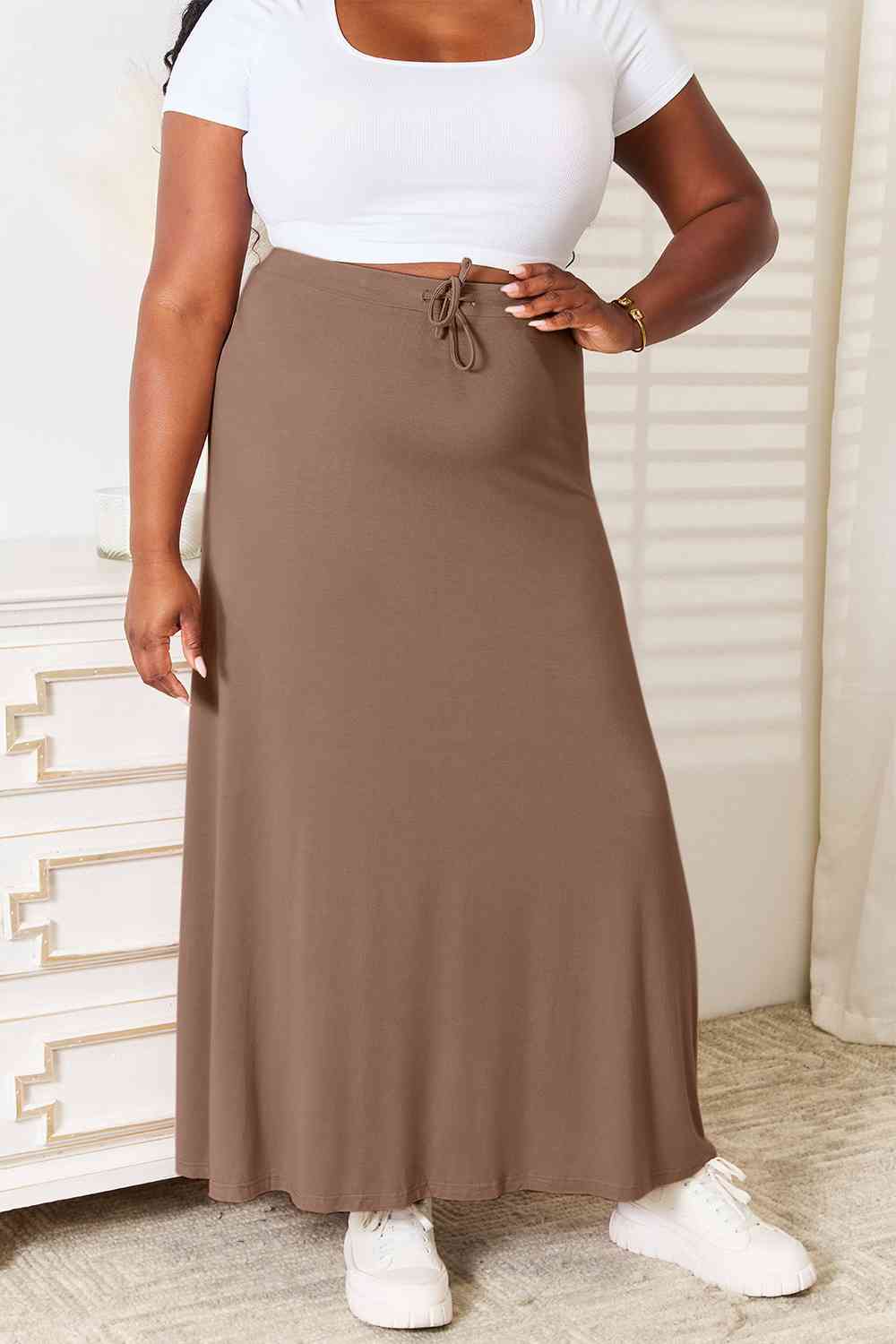 Double Take Pleine Taille Rayonne Douce Cordon Taille Maxi Jupe Rayonne