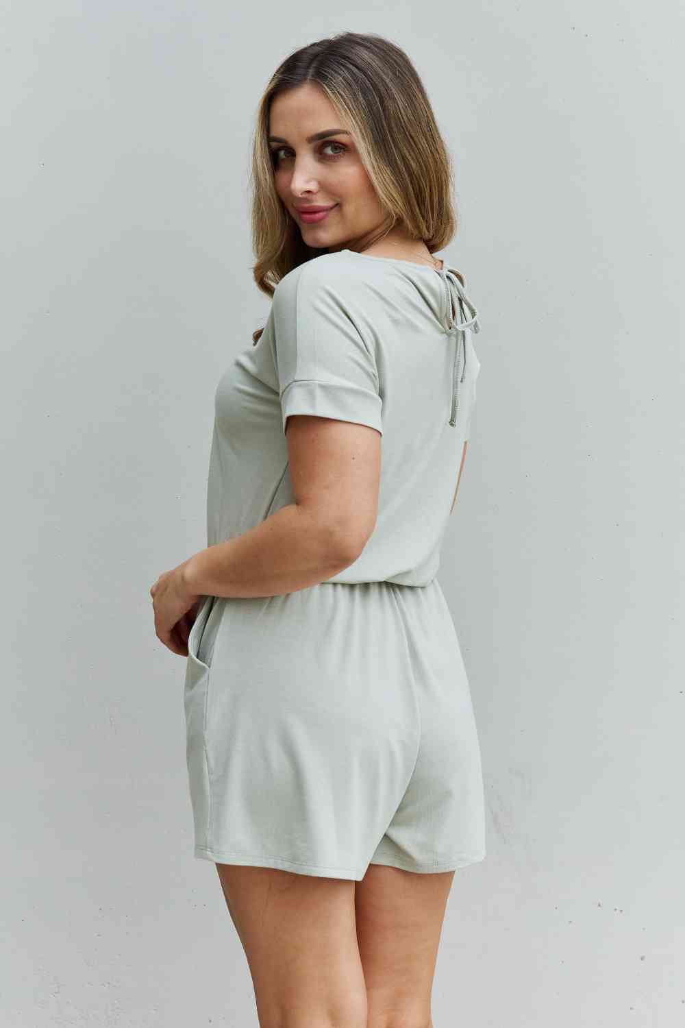 Zenana Chilled Out Full Size Short Sleeve Romper in Light Sage