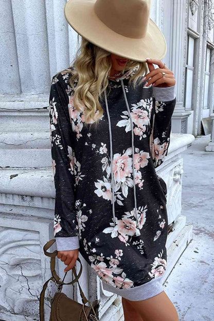 Floral Drawstring Detail Hoodie Dress