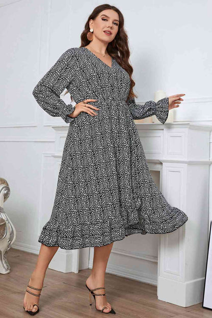 Melo Apparel Plus Size Printed V-Neck Flounce Sleeve Midi Dress