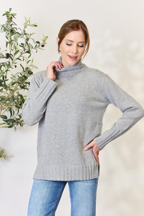 Suéter con abertura de manga larga y cuello alto de tamaño completo Heimish