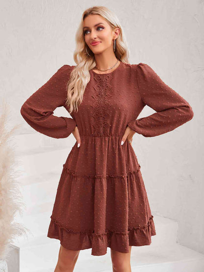 Swiss Dot Lace Trim Balloon Sleeve Dress