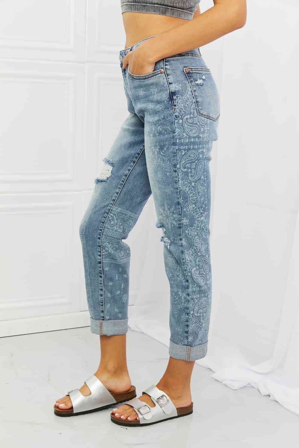 Judy Blue Maika Full Size Paisley Patterned Boyfriend Jeans