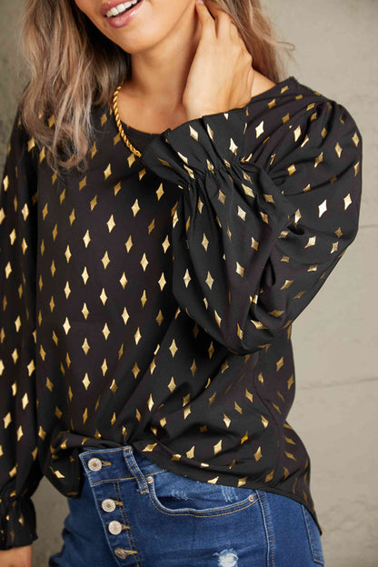 Double Take Printed Round Neck Flounce Sleeve Blouse