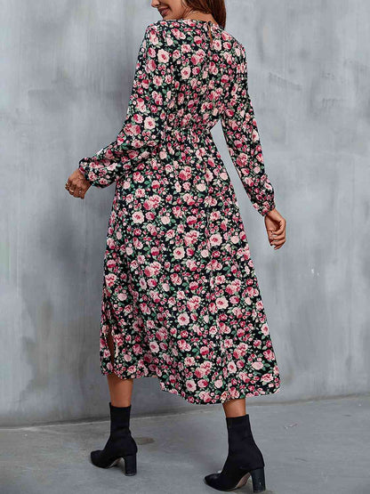 Robe midi fendue à col en V et motif floral