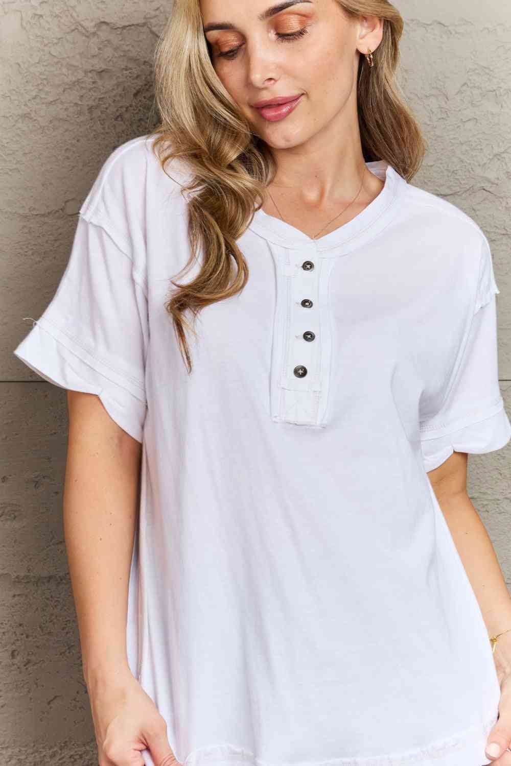 Zenana Easy Thinking Raw Edge Button Detail Top