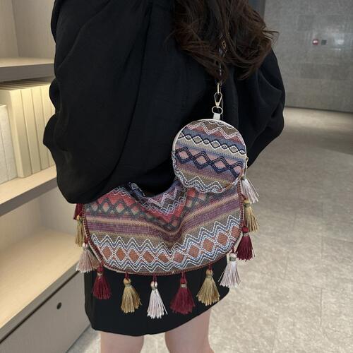 Sac à bandoulière imprimé avec pompons et petit sac à main