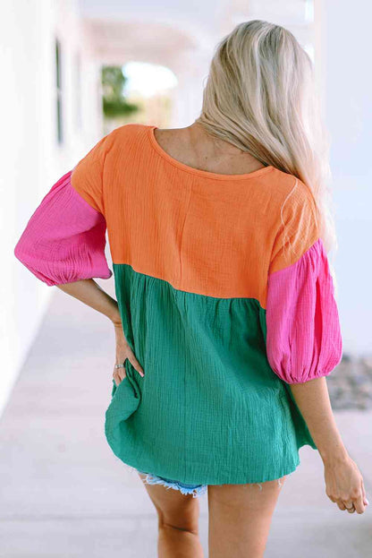 Color Block V-Neck Babydoll Blouse