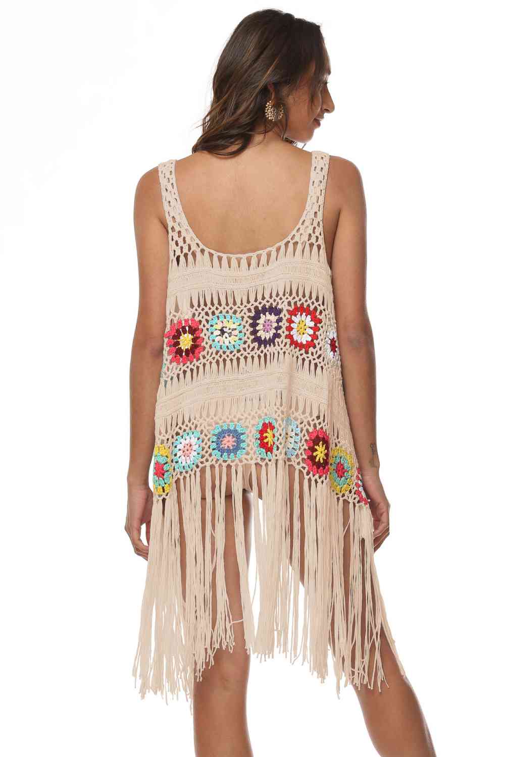 Openwork Fringe Detail Embroidery Sleeveless Cover-Up