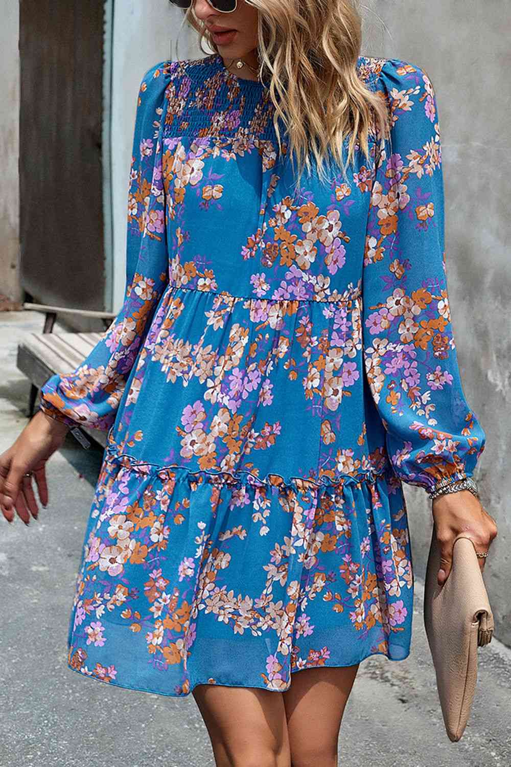 Smocked Floral Print Long Sleeve Mini Dress