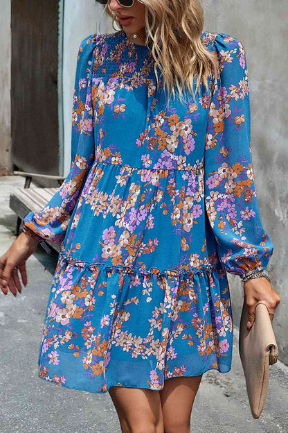 Smocked Floral Print Long Sleeve Mini Dress