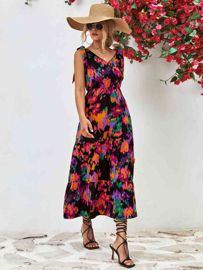 Robe midi multicolore dos nu à col en V