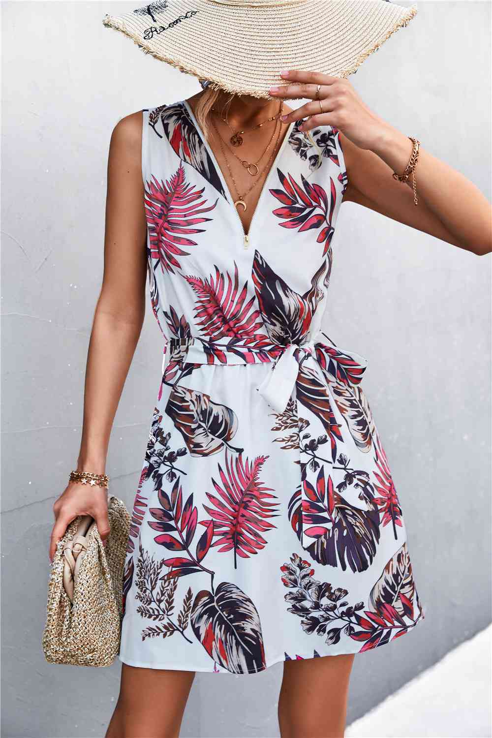 Printed Zip Detail Belted Sleeveless Dress