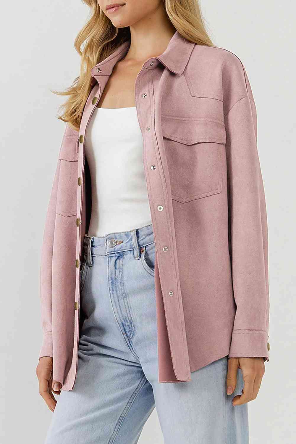 Double Take Suede Snap Front Dropped Shoulder Jacket