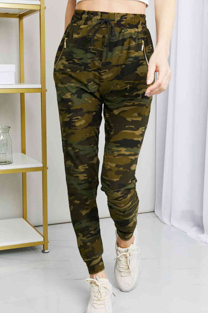 Leggings Depot Full Size Camouflage Drawstring Waist Zipper Detail Joggers