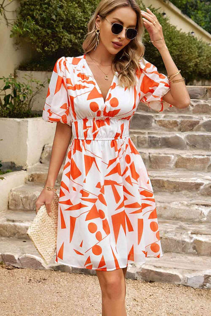 Printed Deep V Puff Sleeve Dress