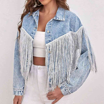 Chaqueta vaquera de manga larga con cuello y cuello con detalle de flecos