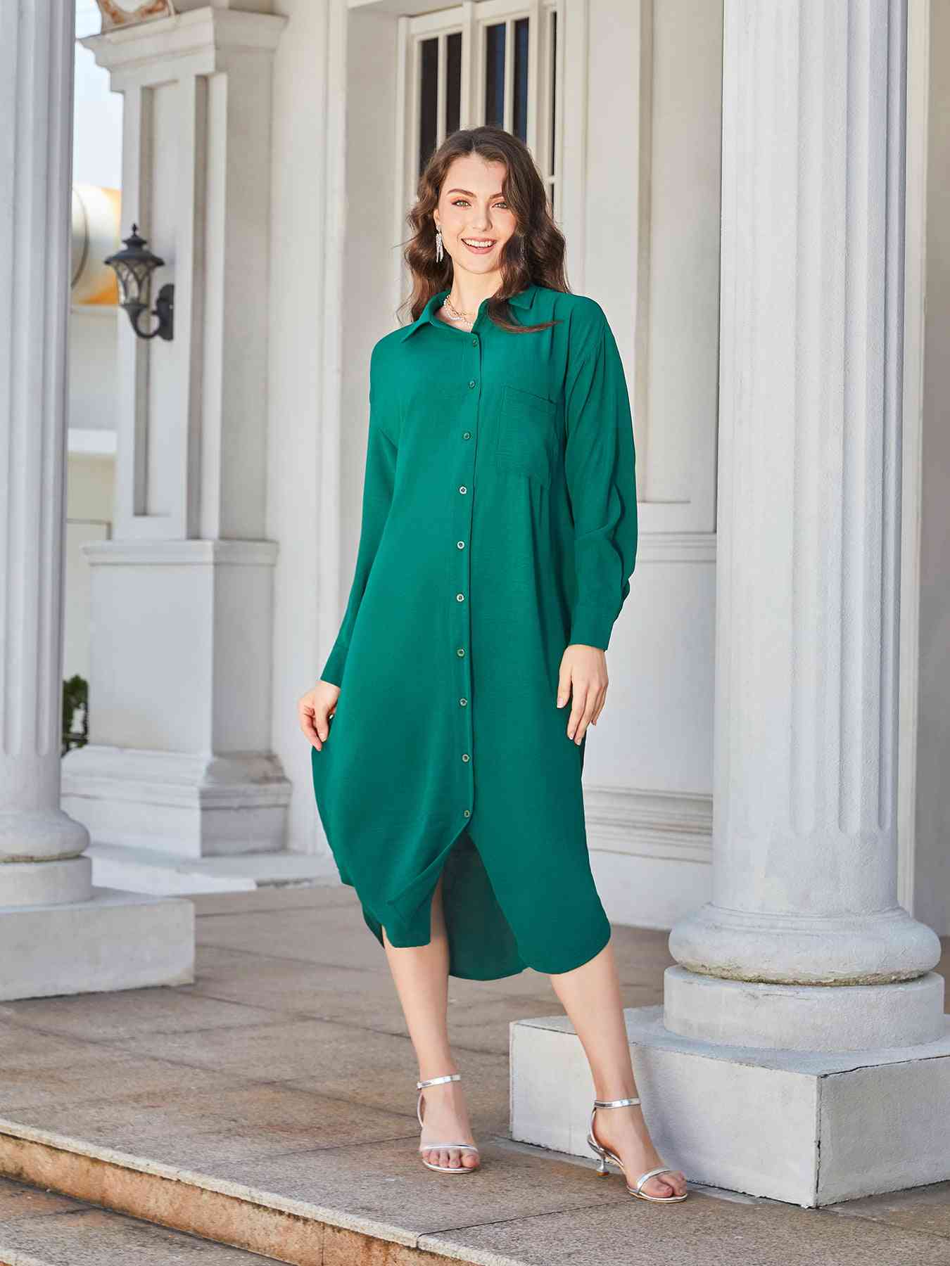 Collared Neck Long Sleeve Midi Shirt Dress