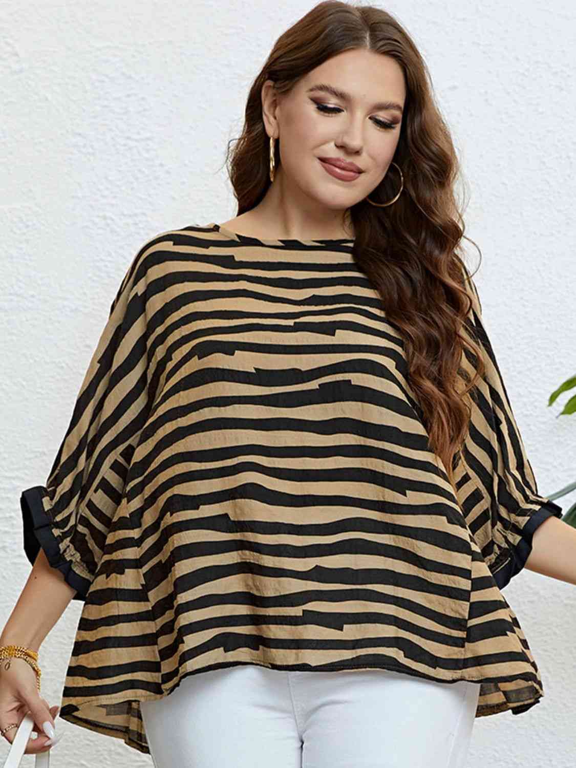 Plus Size Striped Three-Quarter Sleeve Boat Neck Top