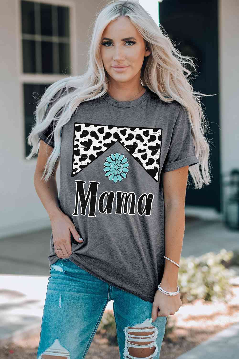 Camiseta con cuello redondo y manga con puños y gráfico MAMA