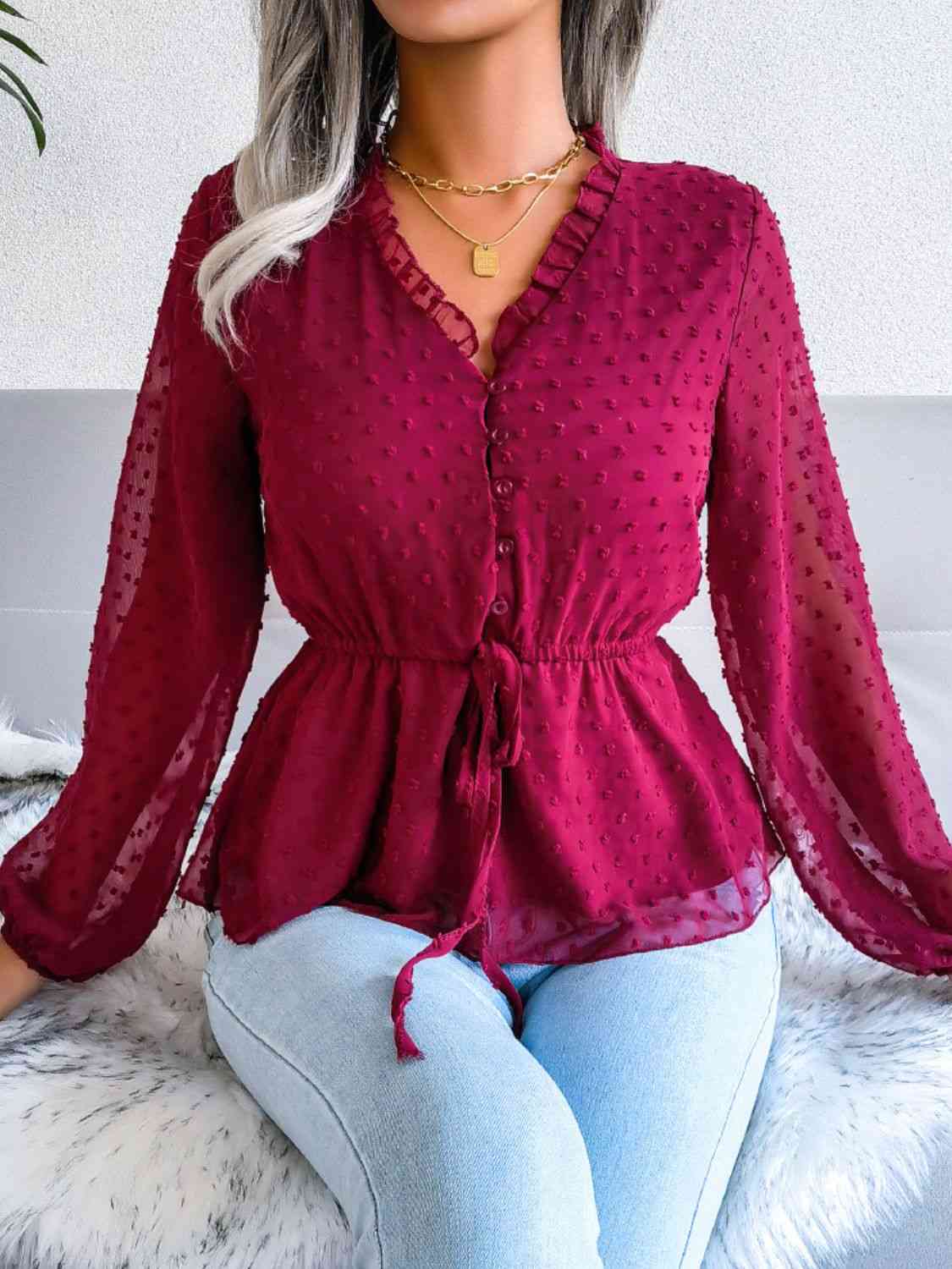 Blouse péplum à taille avec cordon de serrage et bordure à volants et pois suisses