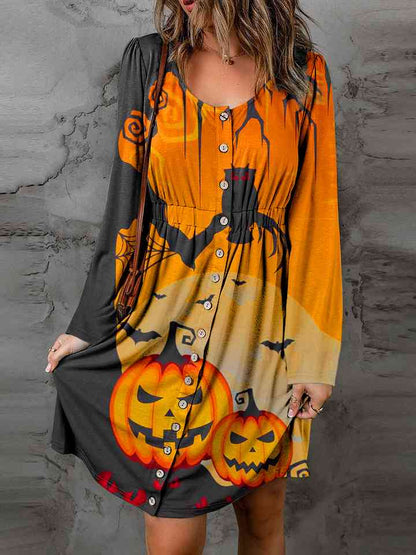 Vestido mágico con manga abullonada y cuello redondo con tema de Halloween de tamaño completo