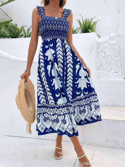 Printed Square Neck Sleeveless Midi Dress