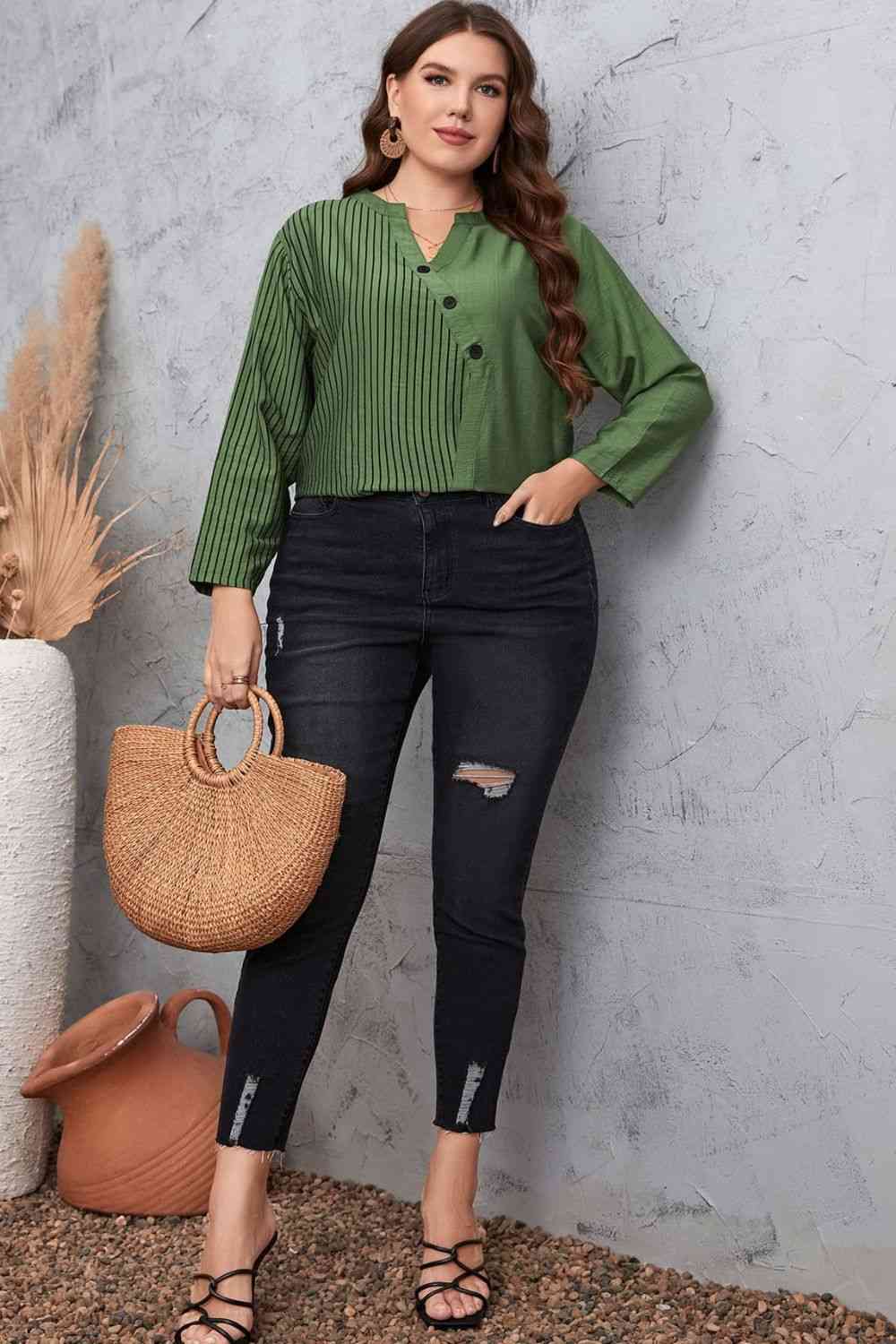 Plus Size Striped Notched Neck Top