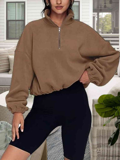 Half-Zip Collared Drop Shoulder Fleece Sweatshirt