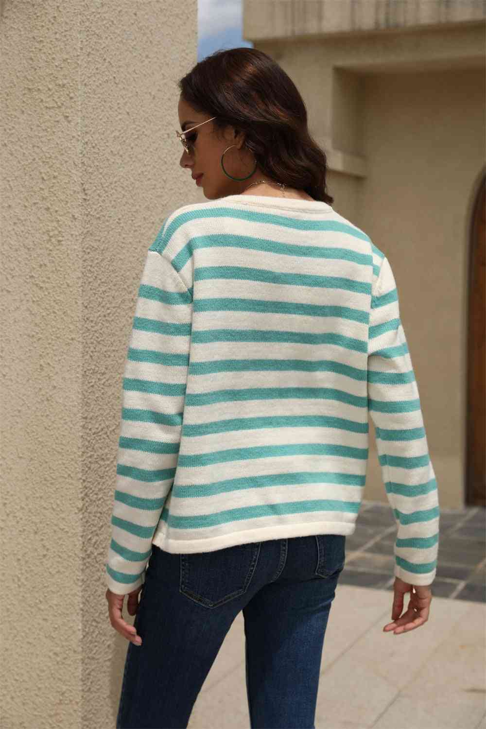 Striped Round Neck Button-Down Dropped Shoulder Cardigan