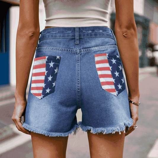 US Flag Distressed Denim Shorts