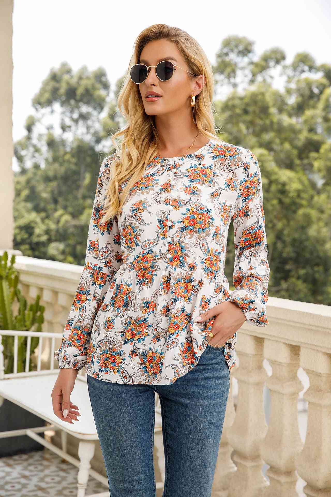 Floral Paisley Long Sleeve Peplum Blouse