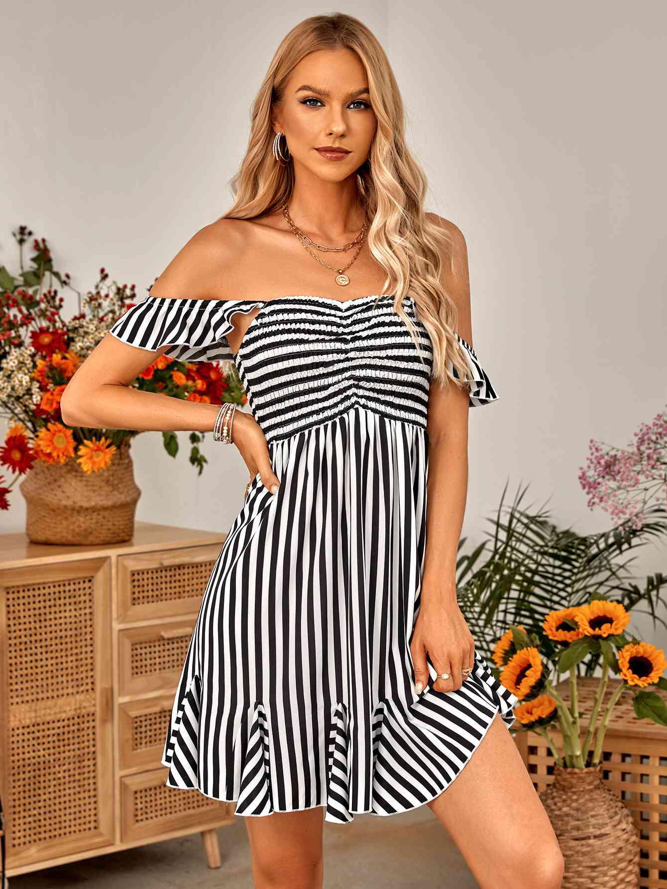 Striped Smocked Ruffle-Shoulder Sleeveless Dress