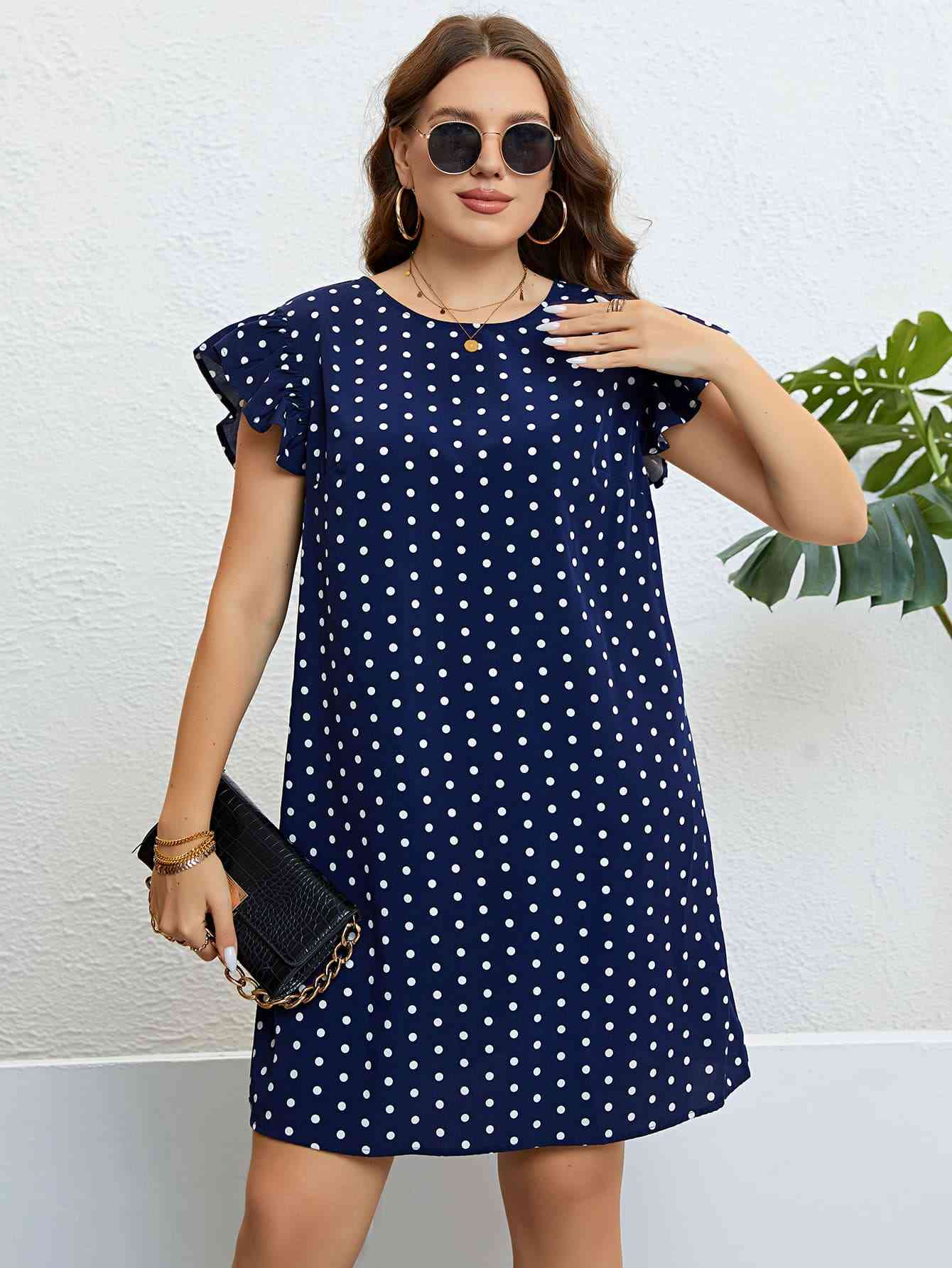 Plus Size Polka Dot Round Neck Dress