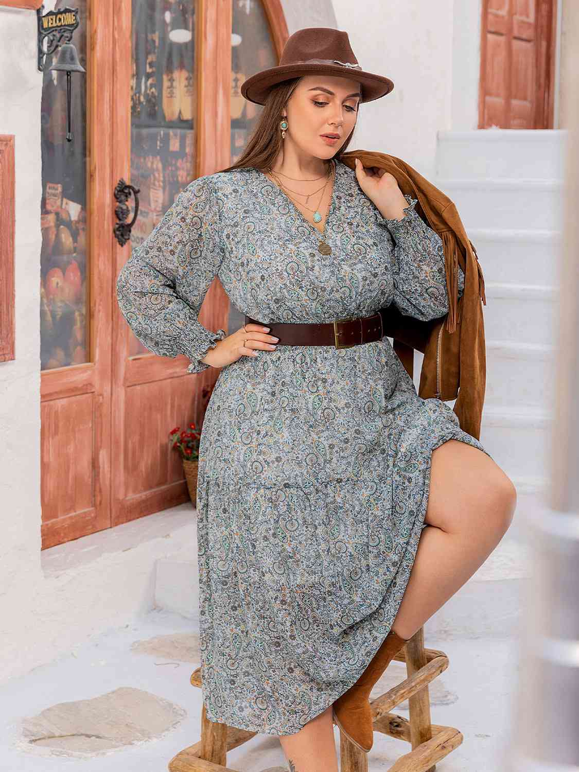 Robe Midi à Manches Longues et Col en V de Grande Taille