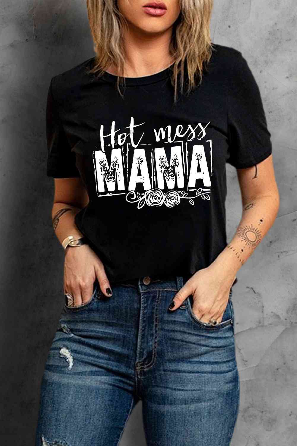 T-shirt graphique à col rond HOT MESS MAMA