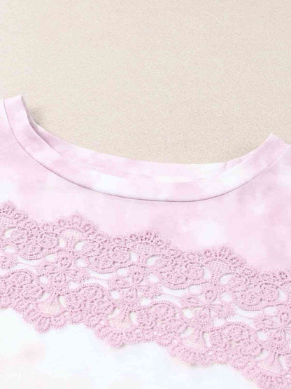 Tie-Dye Lace Trim Round Neck Top